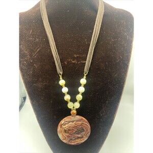 Vintage Hobe Natural Stone Carved Dragon Pendant Necklace